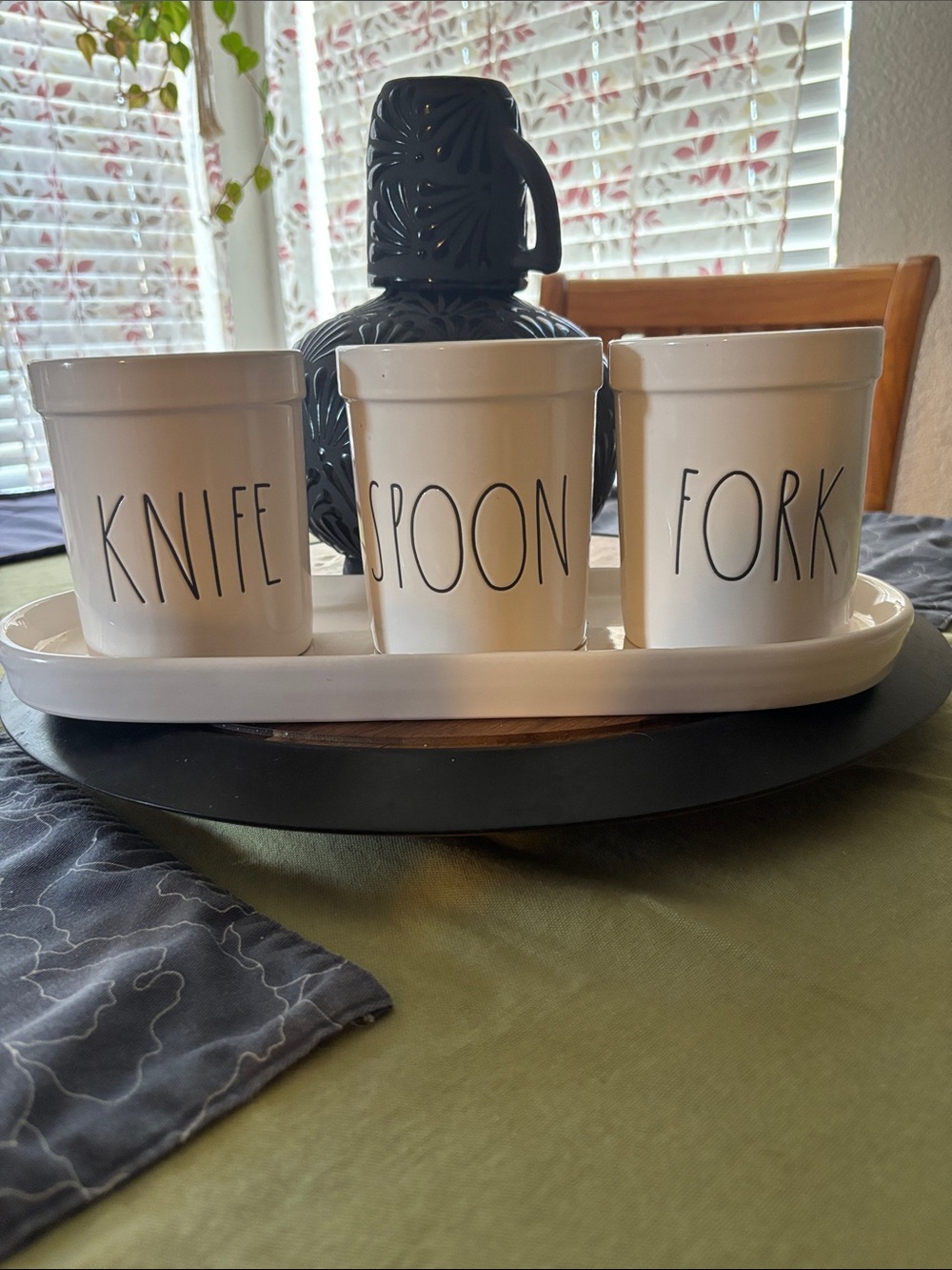 Rae Dunn White Ceramic Knife Spoon Fork Holder Set